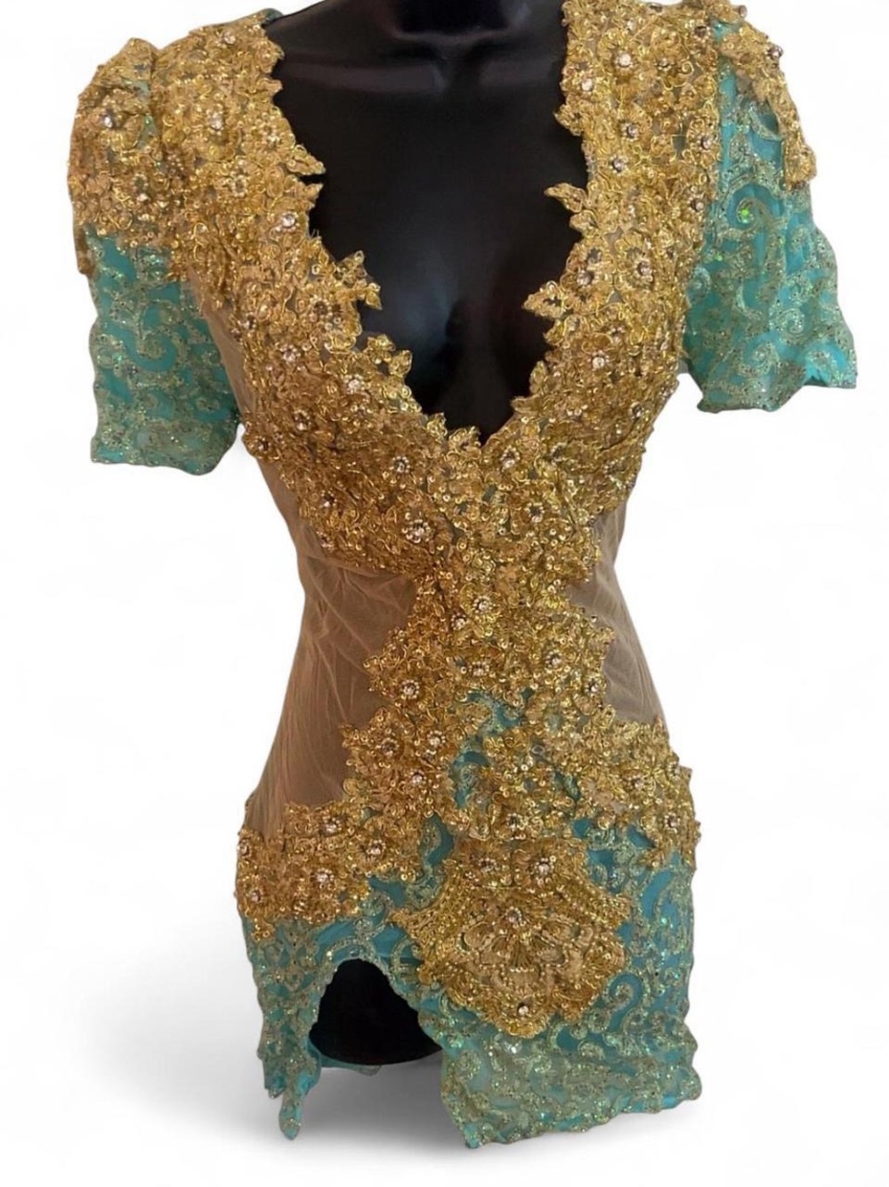 Gold Embellished Teal Mini Dress with V-Neck